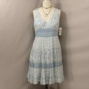Cotton Block Print Summer Dress Wedgewood Blue & White Lined Midi Tiered Skirt